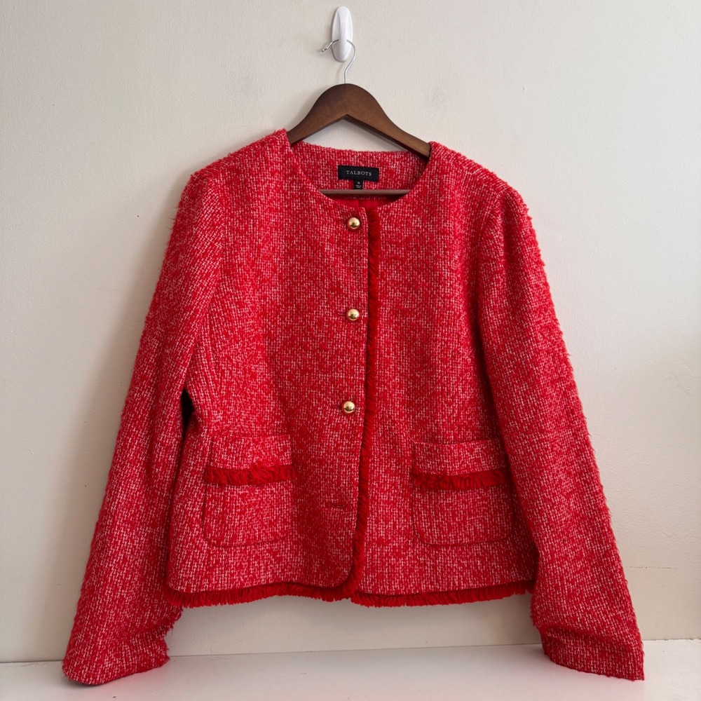 Talbots Women's S16 Red Tweed Fringe Blazer Cottagecore Christmas Holiday Boho
